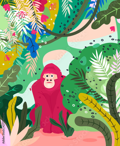 Gorilla flat hand drawn illustration. Bananas  palm leaves  flowers in simple abstract style. Wild African rainforest.