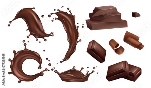 Realistic chocolate splashes, flows and bars vector isolated on white background. Chocolate bar realistic, drop tasty fluid, dessert splash illustration
