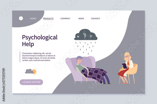 Psychological help web landing page vector template. Psychology mental problem, health therapy for brain illustration