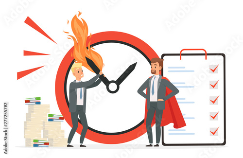 Smart time management vs chaos vector concept. Deadline illustration with cartoon character men. Chaos paperwork and smart management workday illustration