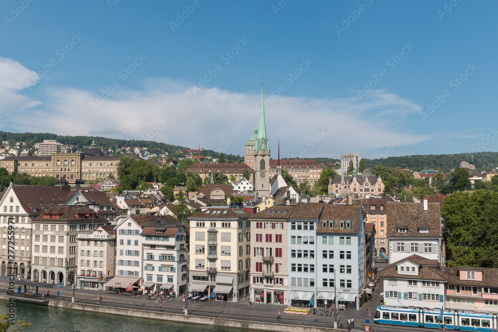 Naklejka premium View of historic Zurich city and river Limmat from Lindenhof park, Zurich