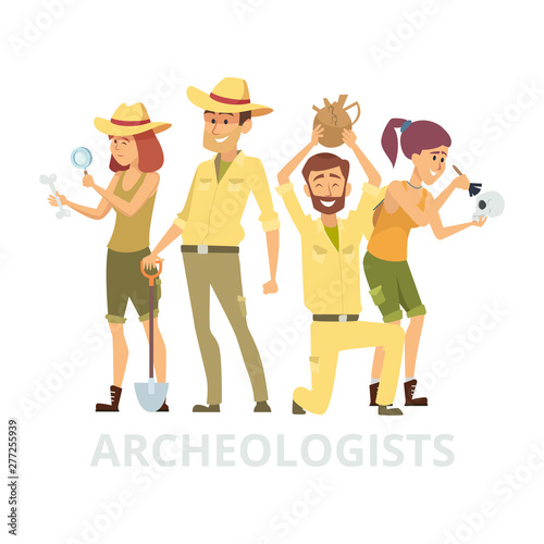 Group of archeologists isolated on white background. Vector archaelogists characters illustration. Archeology and ancient things and skull