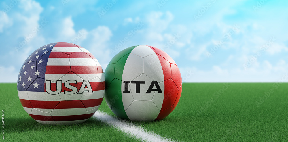 Italy vs. USA Soccer Match - Soccer balls in Italy and USA national colors on a soccer field. Copy space on the right side - 3D Rendering Italy vs. USA Soccer Match - Soccer balls in Italy and USA national colors on a soccer field. Copy space on the right side - 3D Rendering