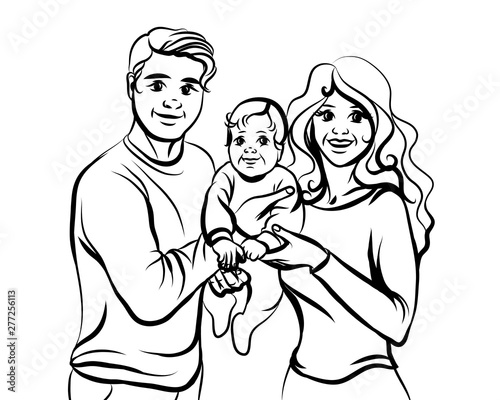 Family. Graphic, hand-drawn sketch depicting happy parents with a baby in their arms.