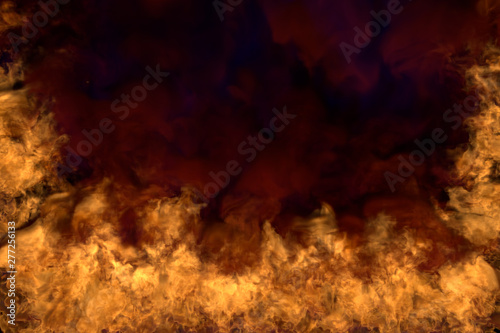 glowing misty fireplace on black background, half frame with heavy smoke - fire from picture left and right corners and bottom - fire 3D illustration