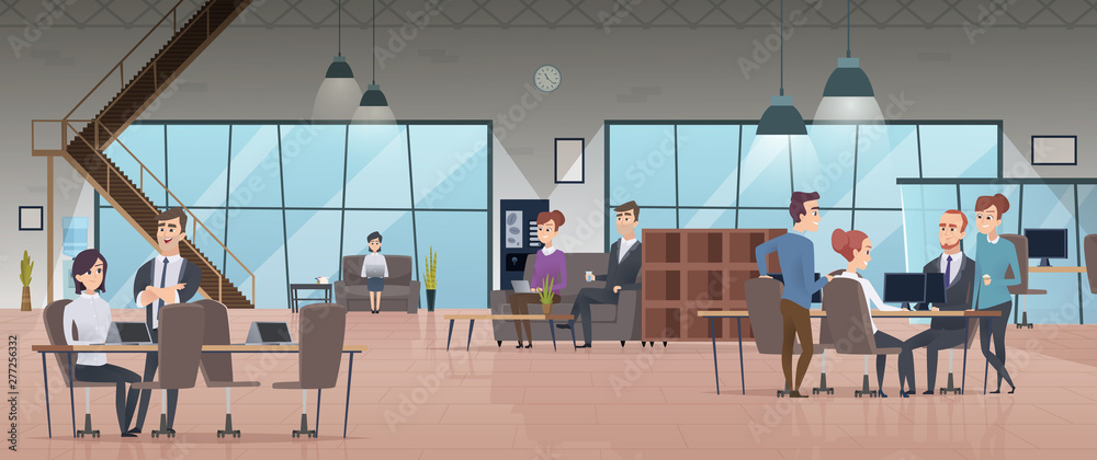 Open office interior. Business people workspace corporate working characters vector modern office. Illustration of office interior workspace, business employee coworking - obrazy, fototapety, plakaty 
