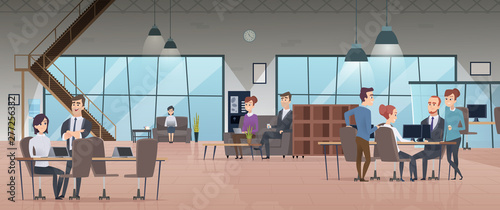 Open office interior. Business people workspace corporate working characters vector modern office. Illustration of office interior workspace, business employee coworking
