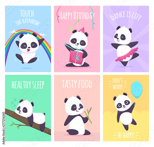 Panda cards. Cute little bear animals cover placard vector templates collection. Illustration of panda card, placard with funny mammal
