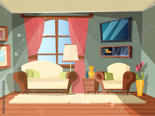Luxury room. Premium interior of living room with perfect old wooden furniture lounge place vector cartoon illustrations. Livingroom with furniture, lounge room comfort