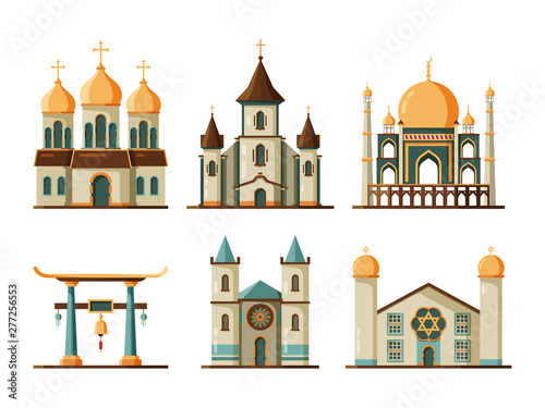 Religion buildings flat. Lutheran and christian church muslim mosque architectural traditional buildings. Church and mosque building, architecture religion temple and cathedral illustration