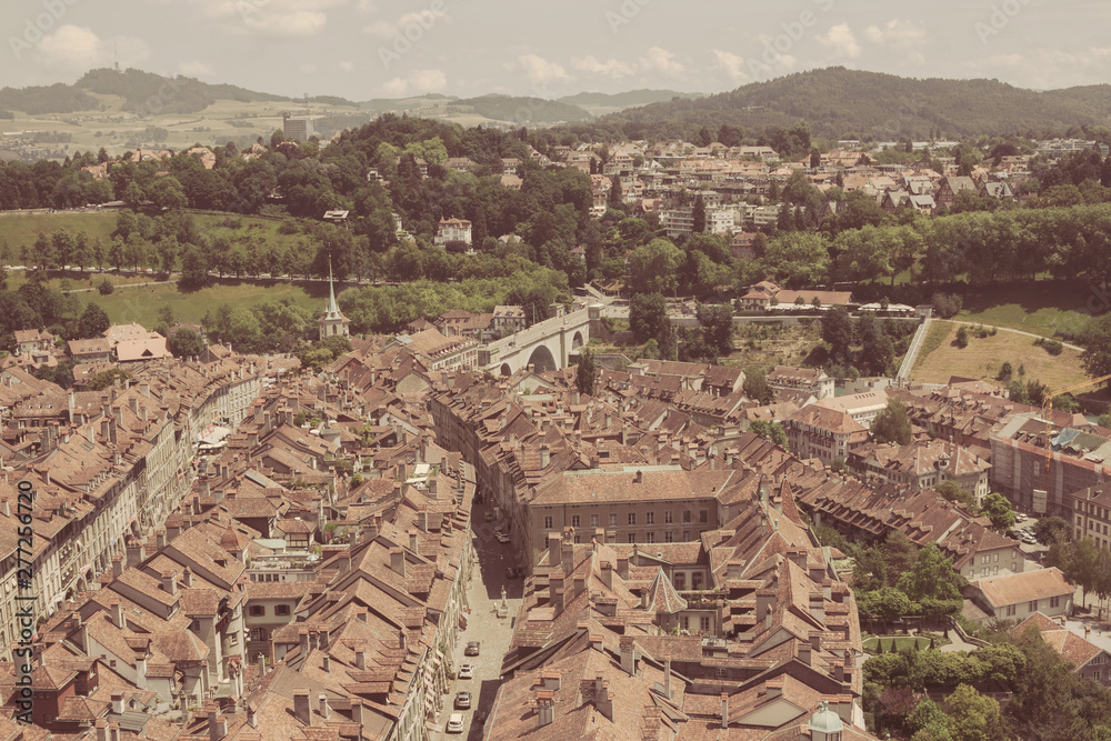 Aerial panorama of historic Bern city center from Bern Minster, Switzerland