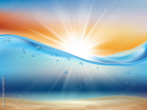 Ocean wave background with sun. Water landscape with sunrise or sunset and underwater life liquid surface splashes drops and bubbles 3d realistic background vector illustration