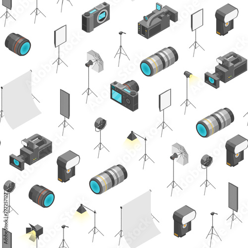 Photo Studio Equipment Signs 3d Seamless Pattern Background Isometric View. Vector