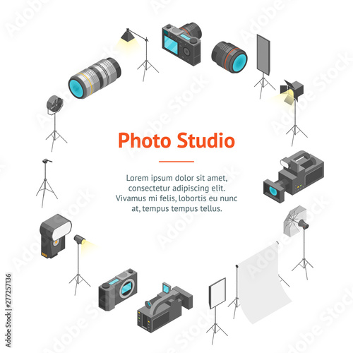 Photo Studio Equipment Signs 3d Banner Card Circle Isometric View. Vector