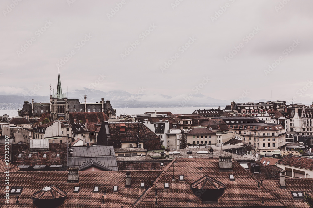 Obraz premium Panoramic view of historic Lausanne city center, Switzerland, Europe