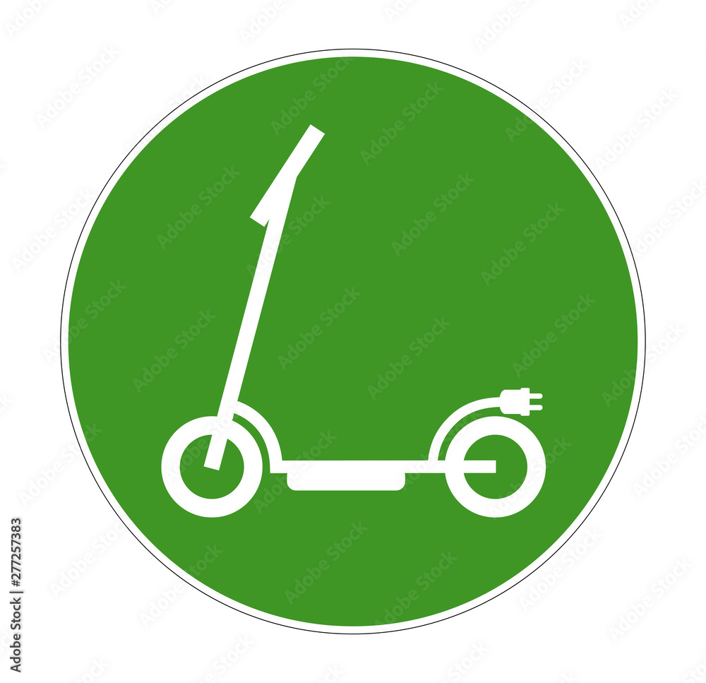 Elektro Scooter rundes Schild, Schild in grün, Vektor Illustration isoliert auf weißem Hintergrund Elektro Scooter rundes Schild, Schild in grün, Vektor Illustration isoliert auf weißem Hintergrund