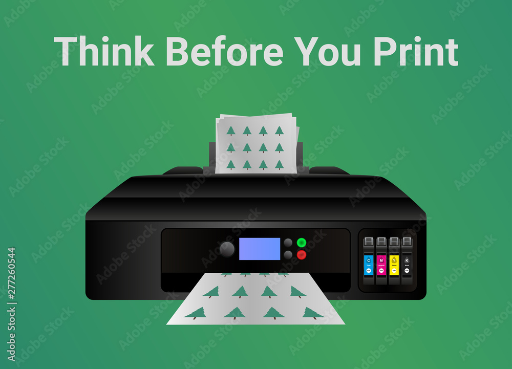 Stockvector Green eco printing ecology concept. Think before you print.  Home inkjet printer isolated on green. Please consider the environment  before printing email or other uselessness. Save paper, save trees. | Adobe