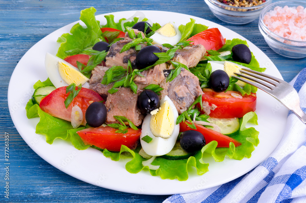 Salad of fresh vegetables, egg, canned fish and olives. Salad of fresh vegetables, egg, canned fish and olives.