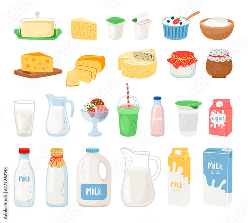 Dairy products, milk, cheese yoghurt and ice cream. Cheese and milk, food healthy. Vector illustration photo