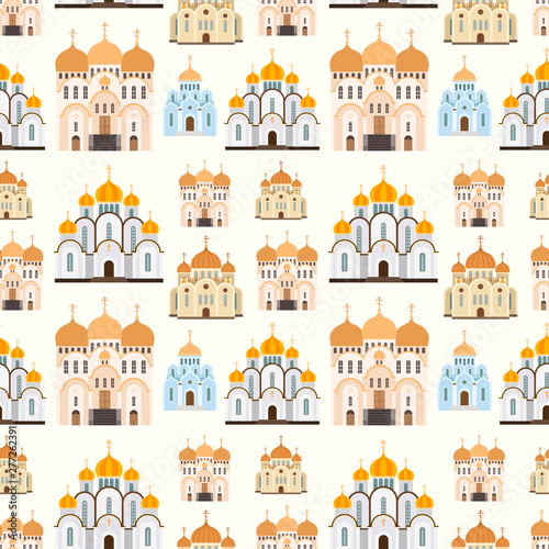 Orthodox churches seamless pattern background vector building. Catholic church and orthodox monastery illustration