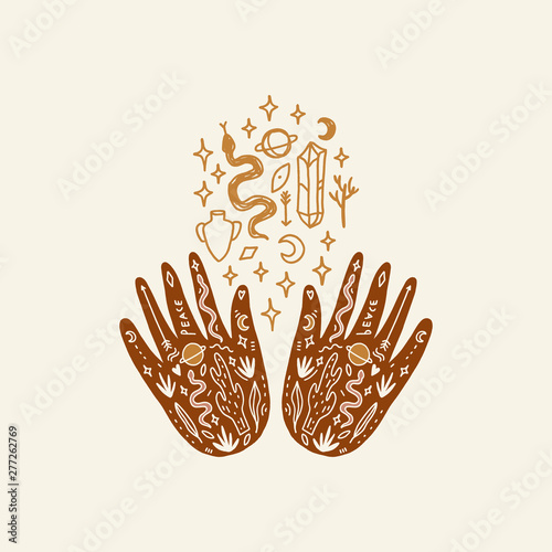 Hand with tattoo. Crystals, snakes and cacti plants. Eye of Providence. Moon goddess symbol. Astrology, alchemy, boho and magical symbols. Vector.