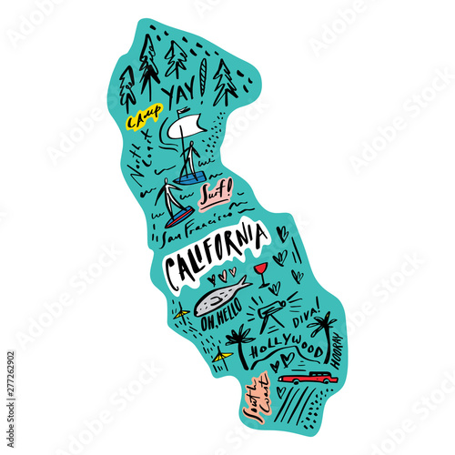 Cartoon map of California vector illustration. Printable art for textile, souvenirs, picture for website, presentation and more. Explore World concept.