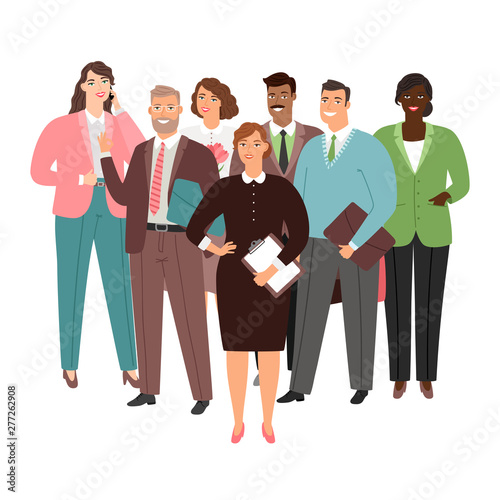 Businesswoman and international businessteam vector isolated on white background. International business group, team and businesswoman character illustration