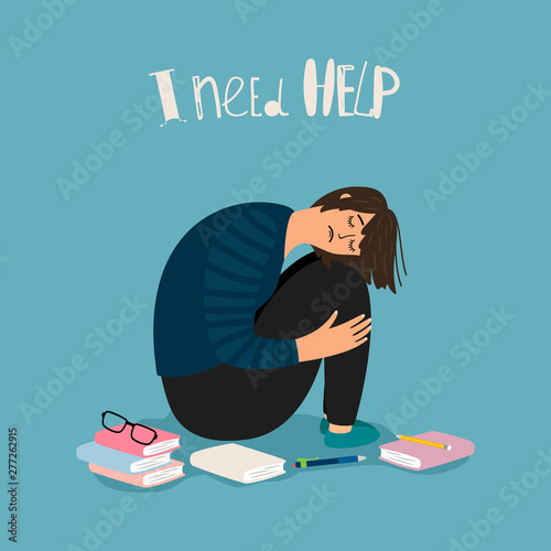 Depressed student vector concept with books and lettering i need help. Illustration of student with books, depression and stress teenager