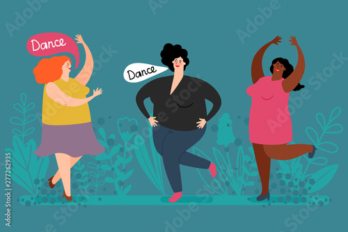 Happy plump women dance vector. Cute fatty ladies and plants illustration. Character plump woman, overweight dance people