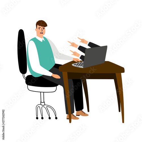 Internet bullying vector concept. Frustrated businessman on office place. Victim was attacked, cyberbullying illustration