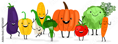 Cute cartoon vegetables isolated on white backgroung. Harvest season illustration. Vegetable pumpkin and tomato, carrot and cabbage