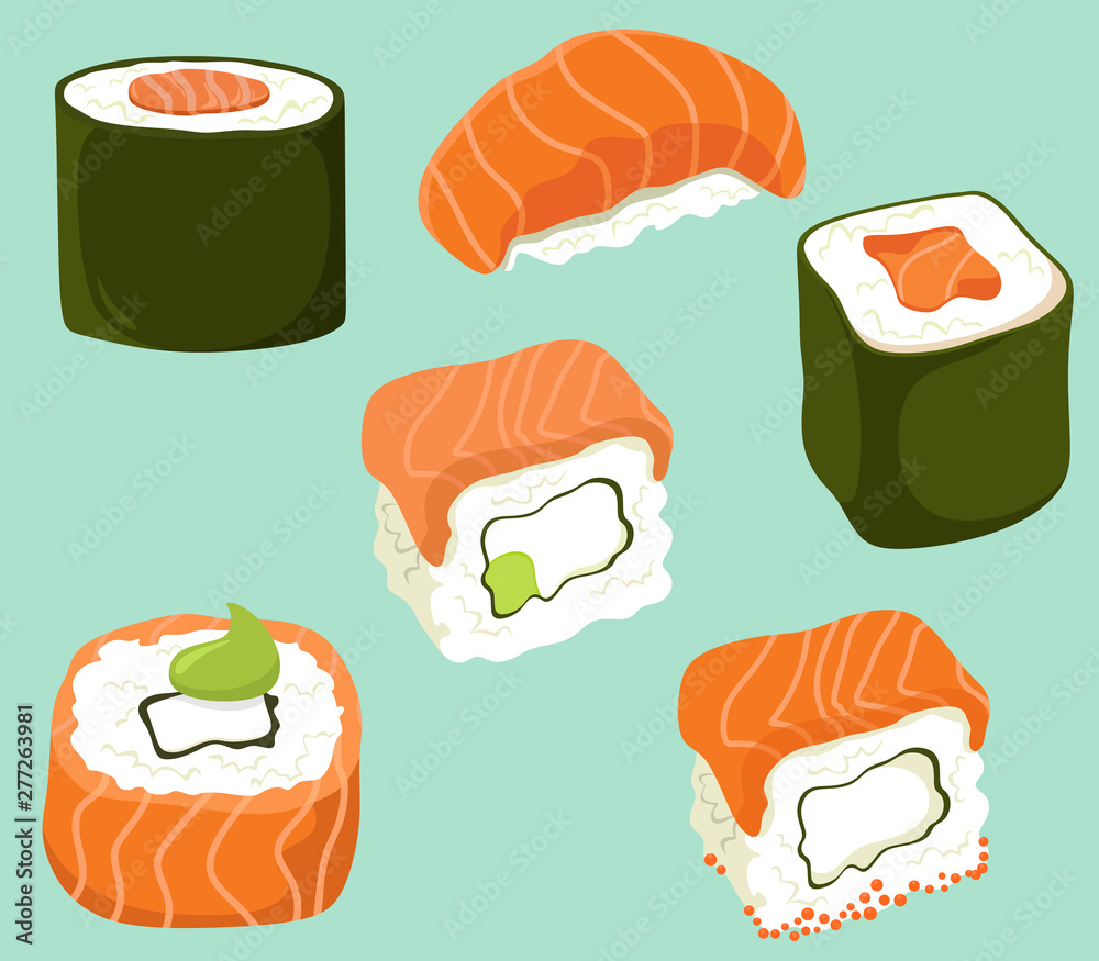 Sushi set in flat cartoon style. Vector isolates Sushi set in flat cartoon style. Vector isolates