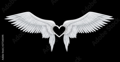 silver heart on white realistic angel wings