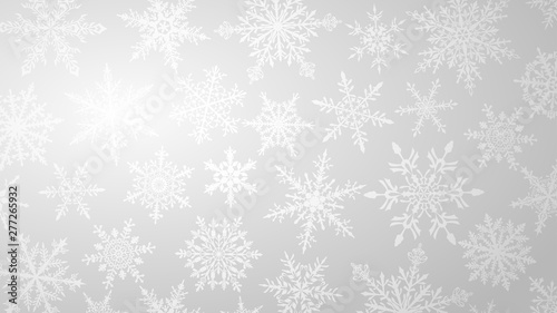 Christmas background with various complex big and small snowflakes in white colors