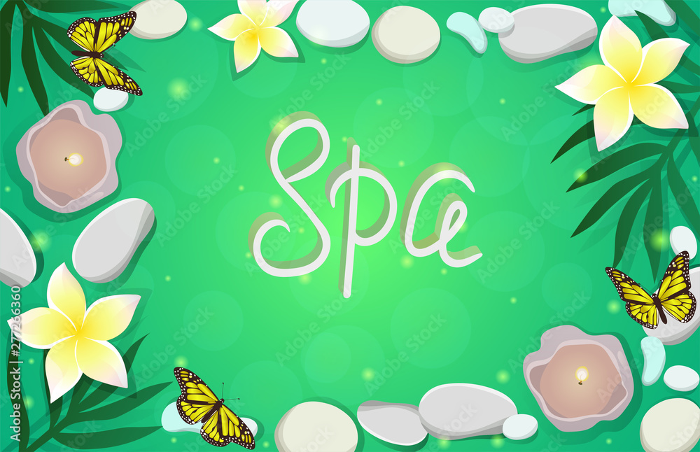 Banner for spa salon. Frame of stones, plumeria, palm leaves, candles, palm leaves. Spa inscription. Vector illustration. Banner for spa salon. Frame of stones, plumeria, palm leaves, candles, palm leaves. Spa inscription. Vector illustration.