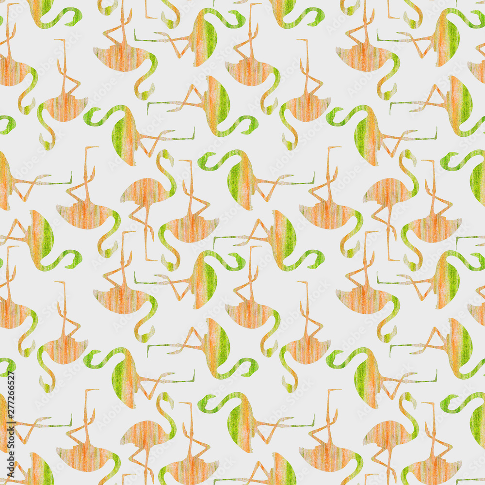 flamingo with green and orange colors texture on a light gray background