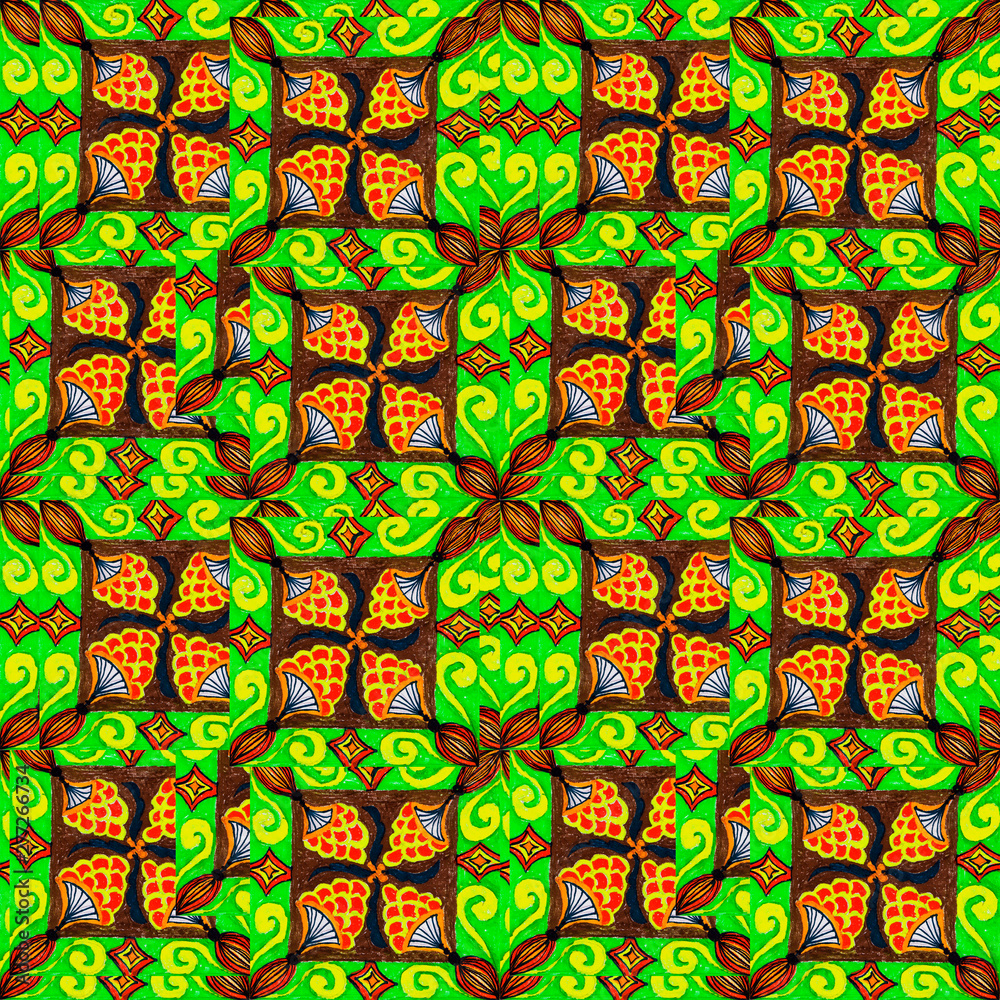 custom made wallpaper toronto digitalabstract floral ornament drawn with green and orange colors over a dark color