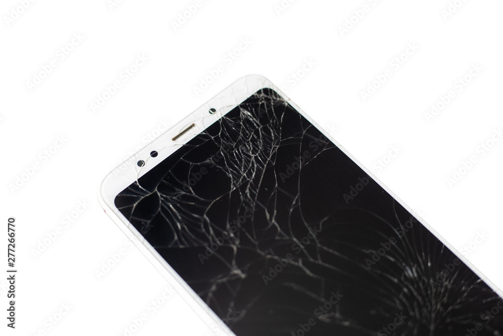 white phone with a broken sensor and screen, cracked touchscreen glass on a white background isolate white phone with a broken sensor and screen, cracked touchscreen glass on a white background isolate