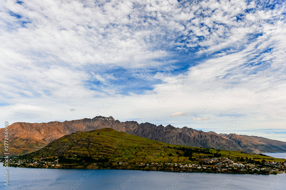 Queenstown New Zealand View with Mountains and Lake. 