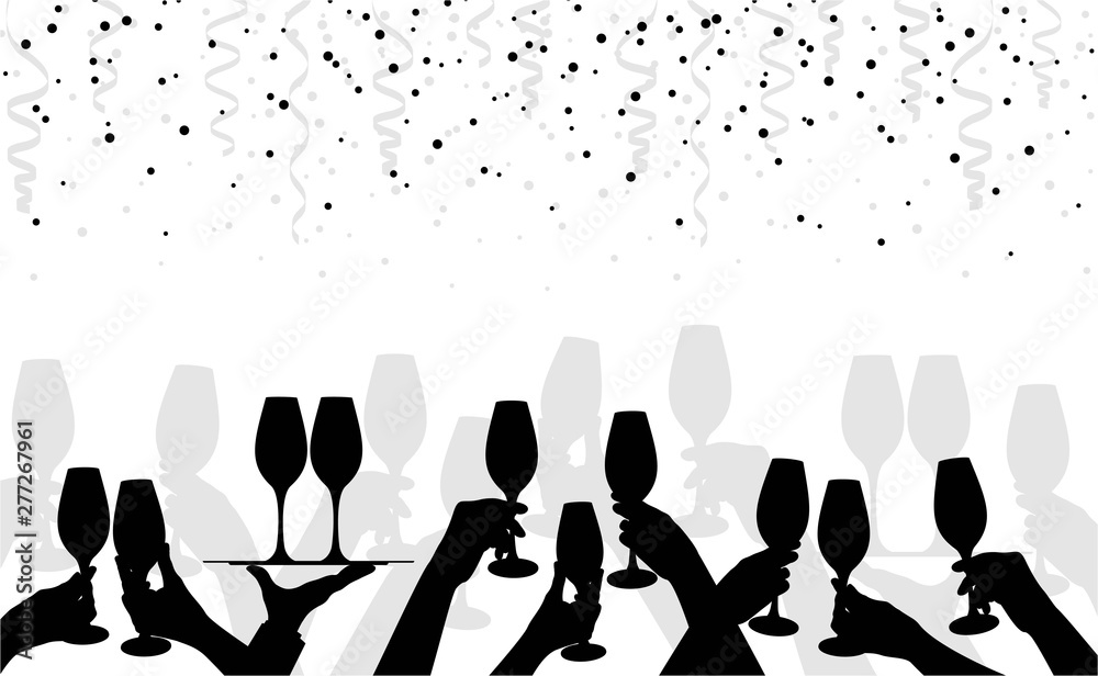 Hand collection. Hands holding glasses of champagne. Horizontal border black silhouette of various hands. Festive background template banner, invitation, flyer, booklet, poster. Vector illustration