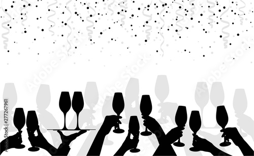 Hand collection. Hands holding glasses of champagne. Horizontal border black silhouette of various hands. Festive background template banner, invitation, flyer, booklet, poster. Vector illustration