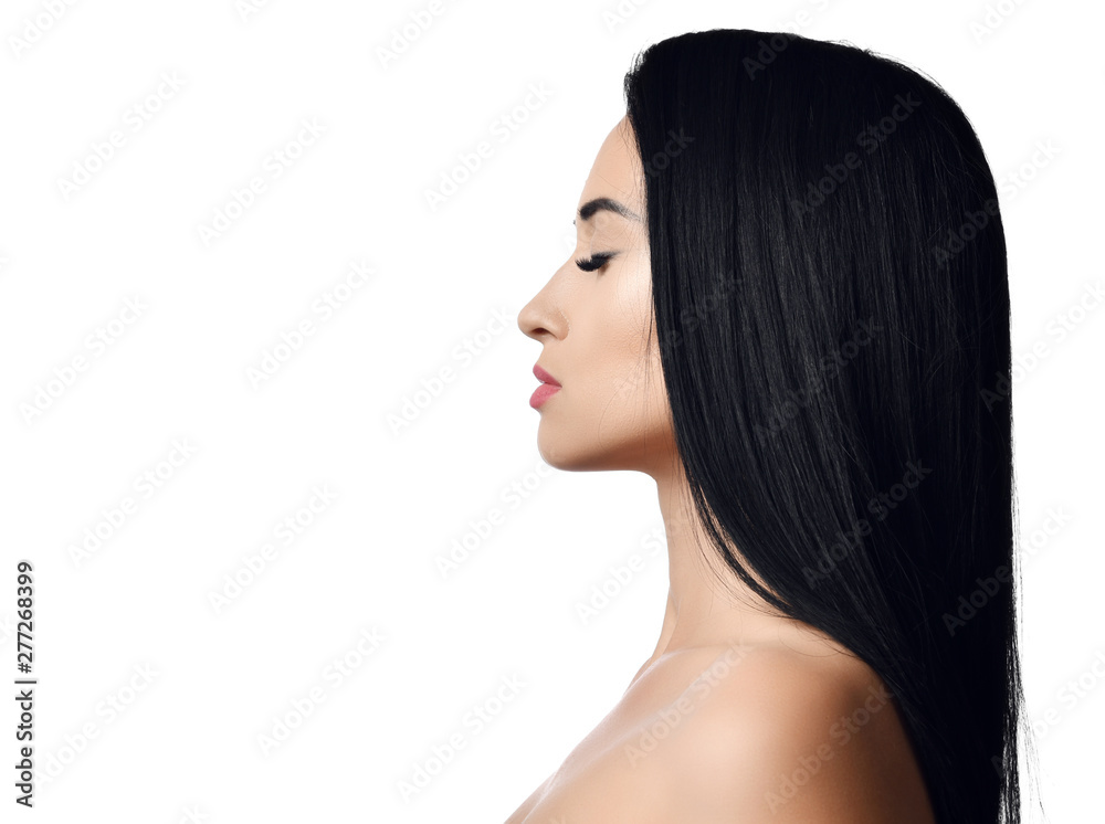 Obraz premium Portrait of woman brunette with long straight hair, bare shoulders, closed eyes and perfect lips. Advertisement concept