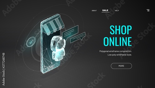 Customer service online store. Smartphone - internet shop. Low poly wireframe style. Isometric smartphone with awning , robot, chat bot, cloud message. Abstract isolated on blue background.