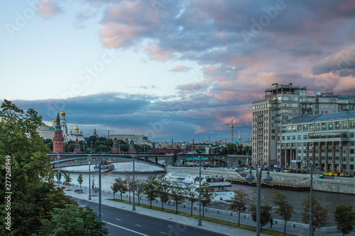 Panoramic view of the summer Moscow Russia and the river with pleasure boats