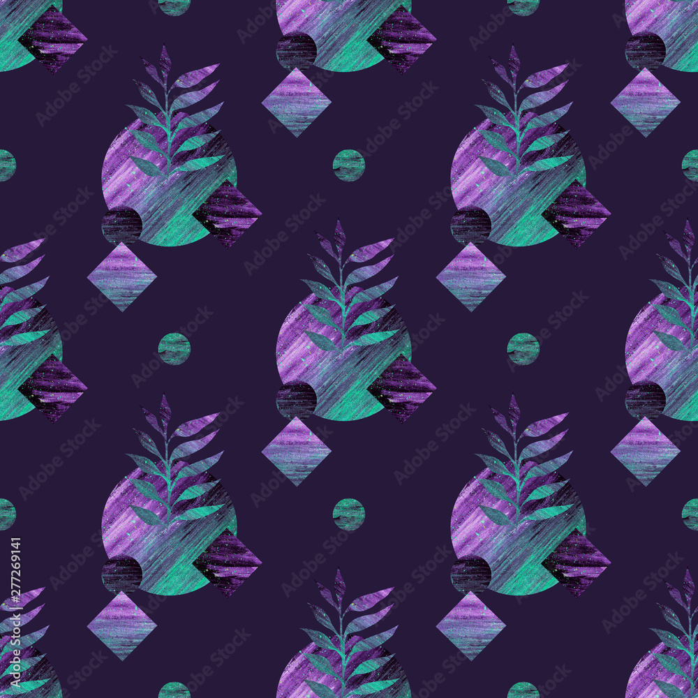 Circles with plants with violet and green colors on a dark violet background