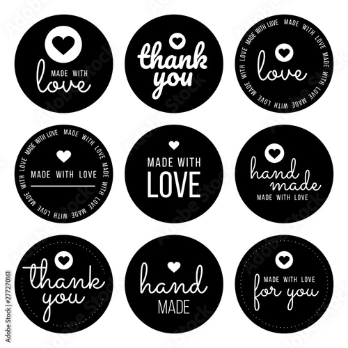 Set labels and bages for sellers including ''thank you'', ''handmade'', ''made with love'' and ''for you'' labels. Vector illustration