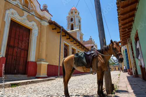 Horse standing in the street with the church in the background during a sunny summer day. Taken in Trinidad, Cuba.