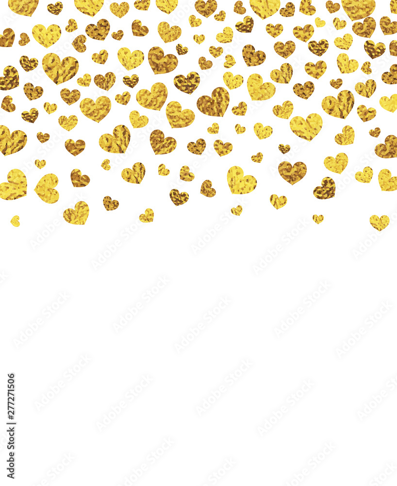 Gold glitter falling hearts on white background.