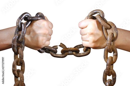 women's hands break the chain. The concept of liberation of freedom and equality of women,  old metal chain as a symbol of perennial tyranny over women, isolated white background
