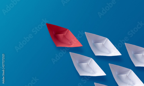 Leadership Concept, Red Origami Paper Boat Leading Group of White Boats